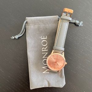 Monroe watch with rose gold face, charcoal leather band
